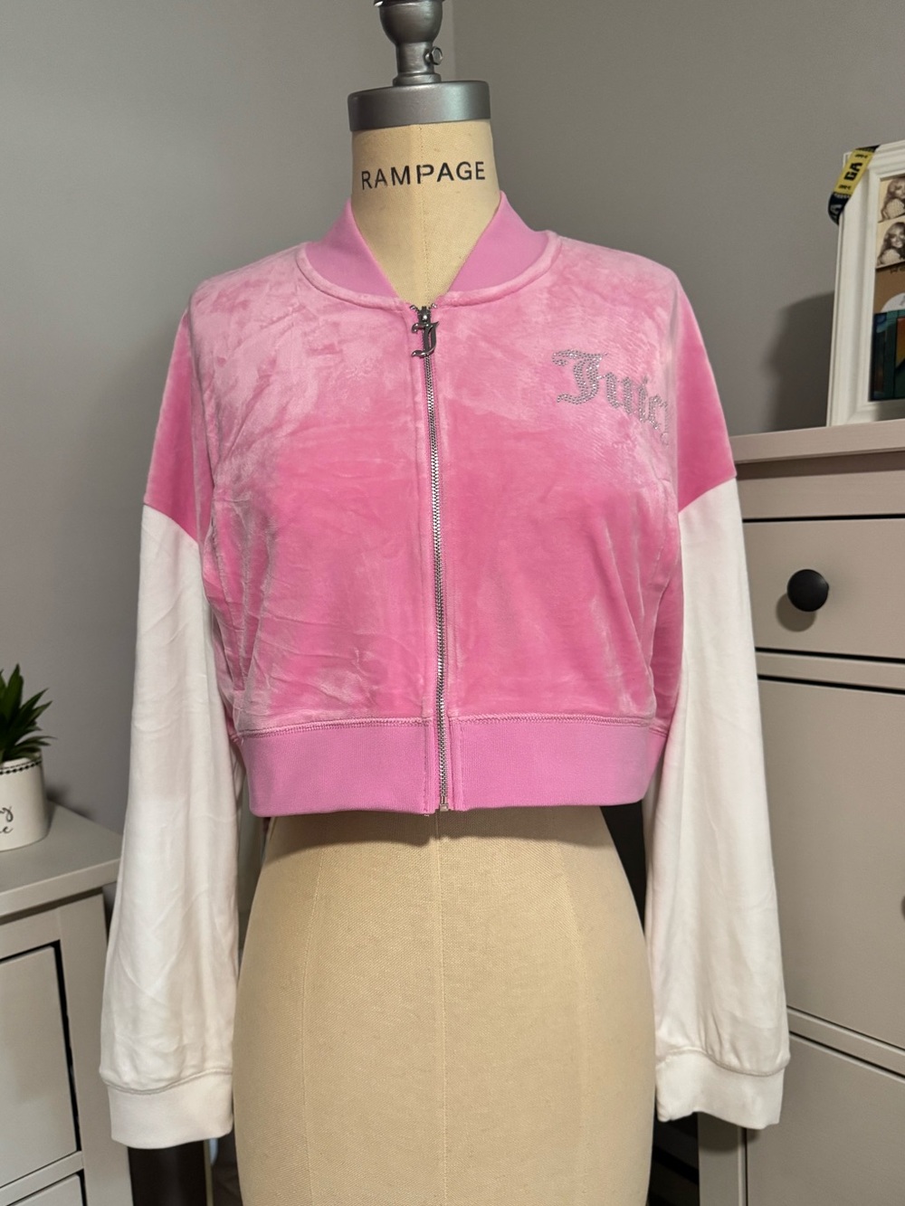 NWT Juicy Couture Velour Cropped Bomber Jacket Fanciful Pink White Colorblock S